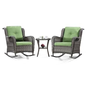 3-Piece Wicker Patio Outdoor Rocking Chair Set with Green Cushions