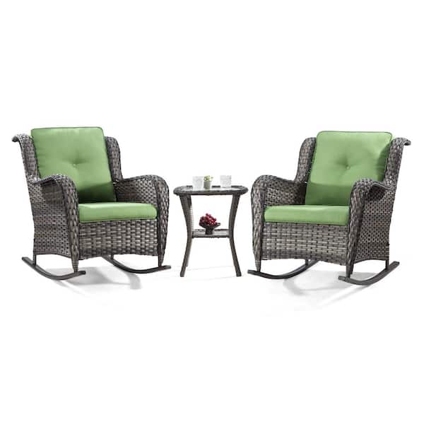 JOYSIDE 3-Piece Wicker Patio Outdoor Rocking Chair Set with Green Cushions