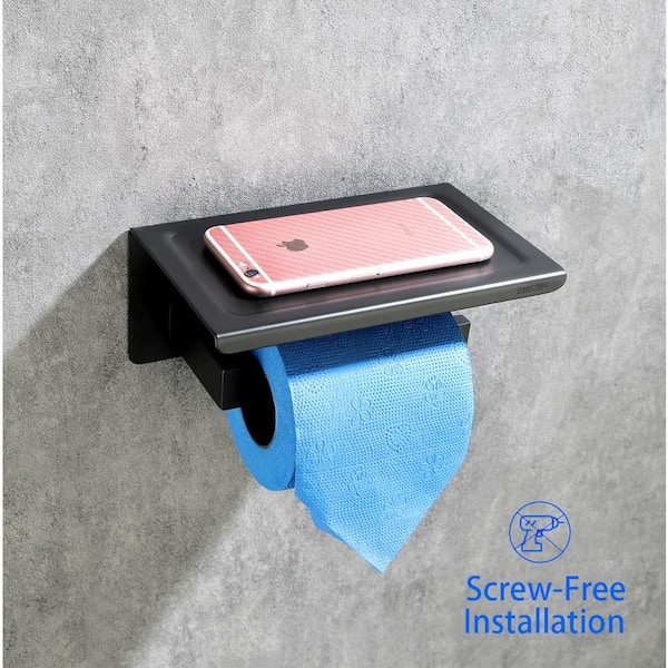 Black Toilet Paper Holder with Shelf, Easy-To-Install ,Toilet