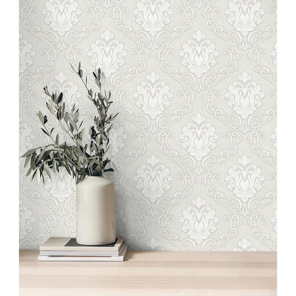 Florentine White and Pale Grey Damask Vinyl Wallpaper