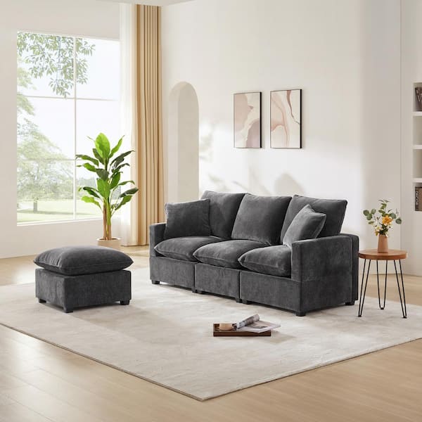 84 in. L-Shaped Modern Modular Chenille Sectional Sofa in. Dark Gray with 2 Pillows