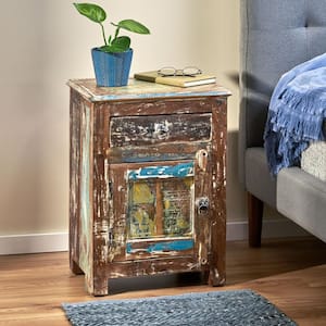 Tennga 1-Drawer Natural and Distressed White Nightstand