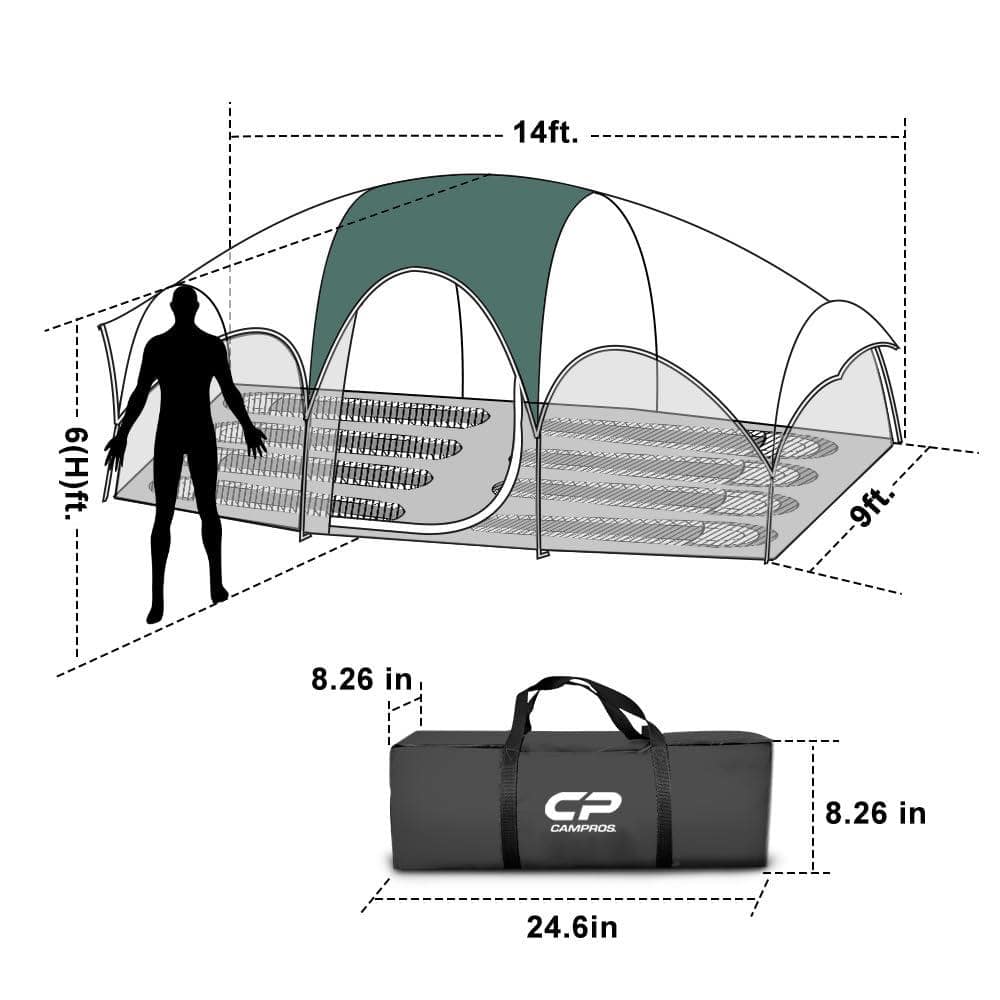 Dark Green Polyester 8-Person Camping Tents Weather Resistant Family Tent, 