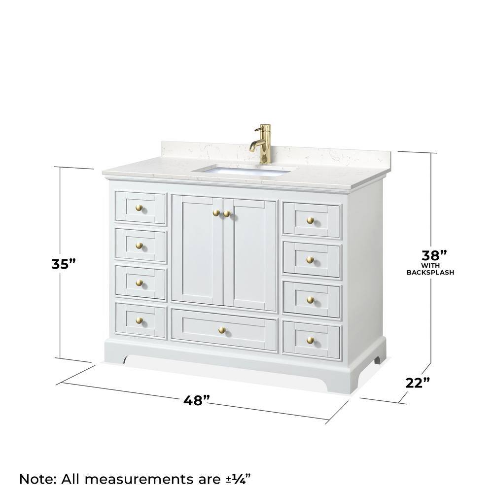 Deborah 48" White Vanity with Carrara Marble Top and Gold Hardware