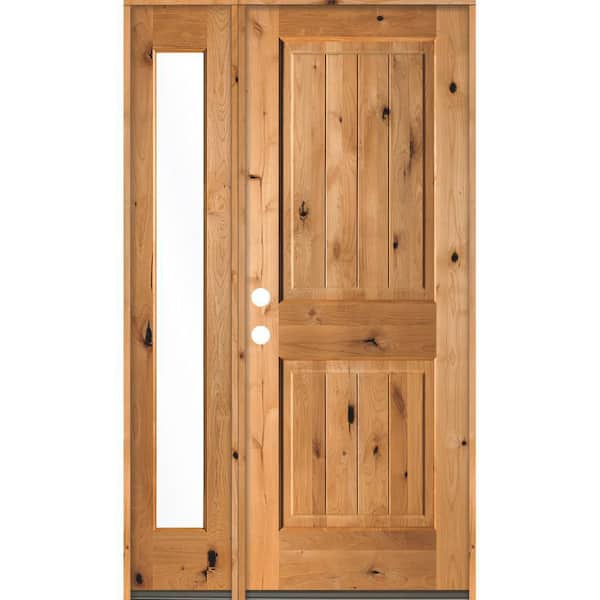 Krosswood Doors 44 in. x 80 in. Rustic Knotty Alder Sidelite 2 Panel Right-Hand/Inswing Clear Glass Clear Stain Wood Prehung Front Door