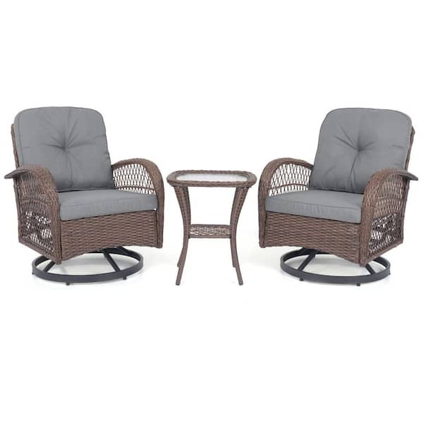 Costway 3-Piece Wicker Outdoor Bistro Set Patio Swivel Rocker Gliding Tempered Glass Table with Gray Cushions