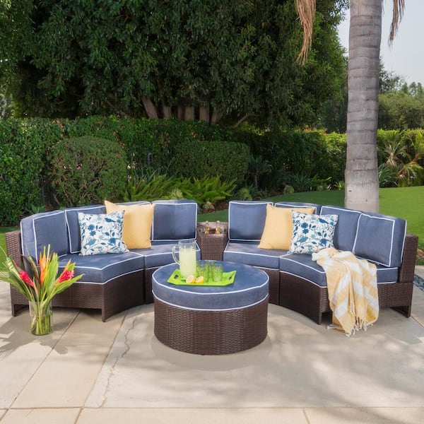 Noble House Brown 6-Piece Wicker Patio Sectional Seating Set with Navy Blue Cushions