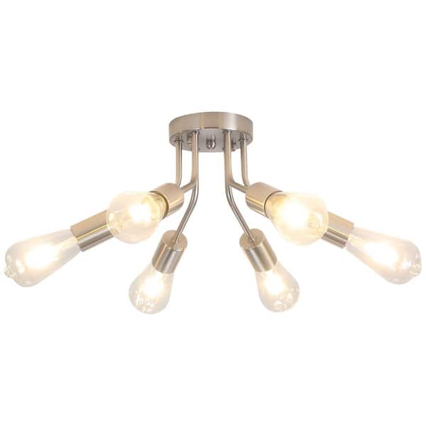 14.76 in. 6-Light Nickel Modern Sputnik Linear Semi-Flush Mount Ceiling Light Chandeliers for Bedrooms