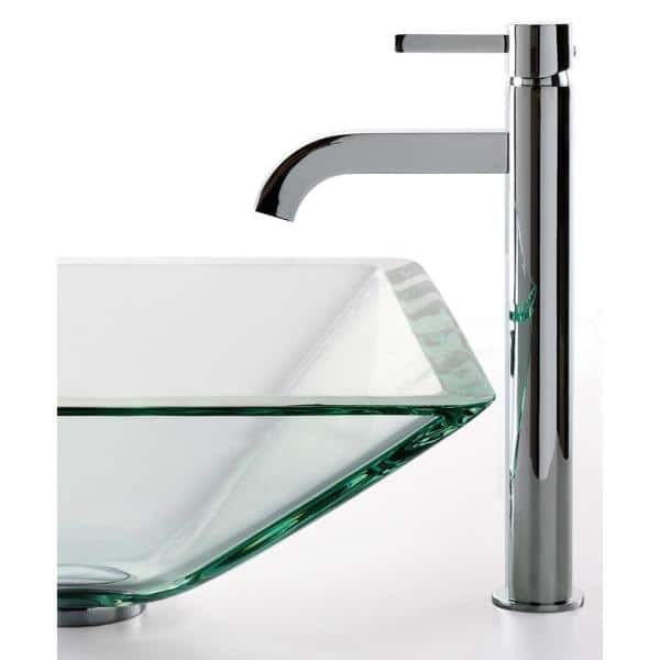 Clear Glass Square Vessel Sink with Chrome Faucet