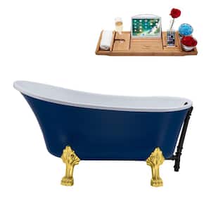 55 in. Acrylic Clawfoot Non-Whirlpool Bathtub in Matte Dark Blue With Polished Gold Clawfeet And Matte Black Drain