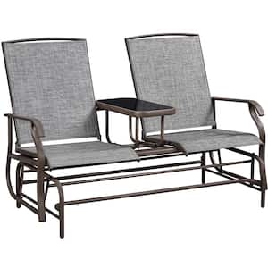 59 in. 2-Person Gray Texteline Fabric and Metal Construction with Tempered Glass Tabletop, Glider Rocker for Patio