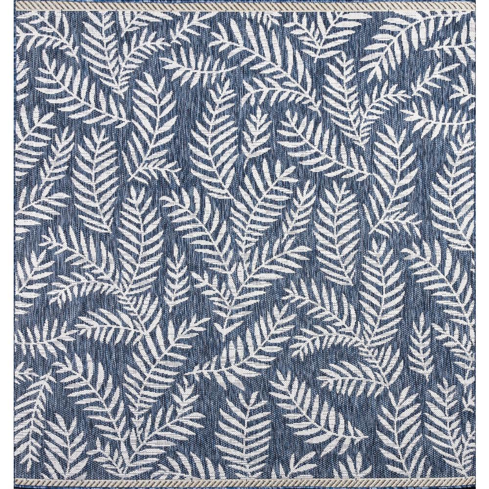 Ivory Navy Palm Frond 5' Square Reversible Outdoor Rug