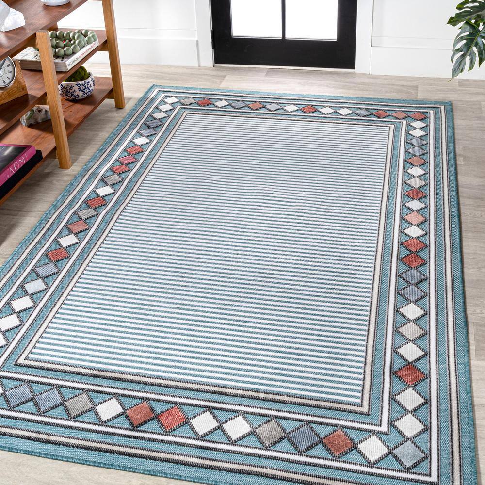 Sebastian Blue and Ivory Geometric Synthetic 5' x 8' Area Rug