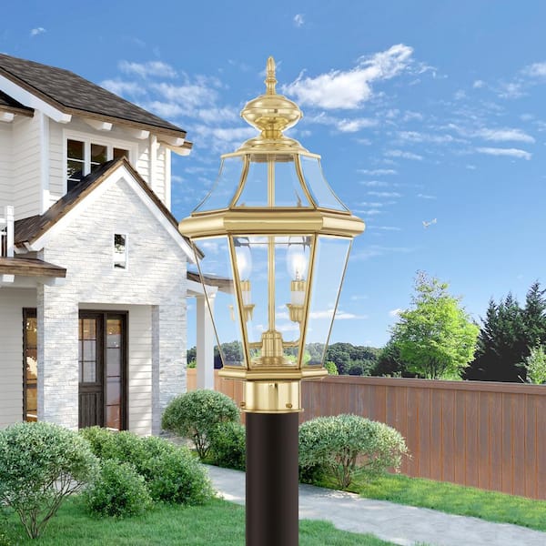 Cresthill 21 in. 2-Light Polished Brass Cast Brass Hardwired Outdoor Rust Resistant Post Light with No Bulbs Included