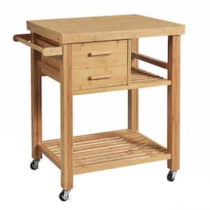 Natural Bamboo 2-Drawer Kitchen Trolley Cart with Towel Rack