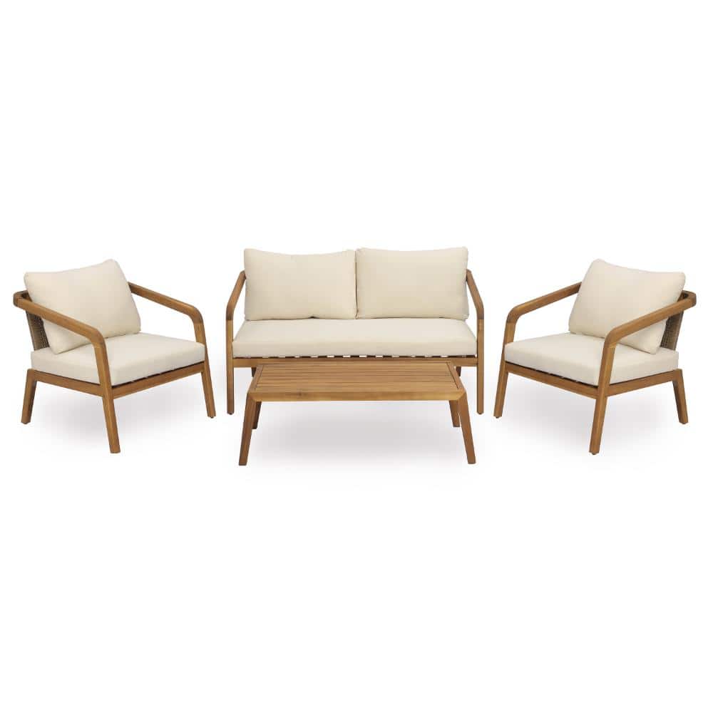 4-Piece Outdoor Patio Furniture Set Acacia Wood Conversation Set with PE Wicker Backrest & Comfort Cream Cushions price history on PriceWatchPro