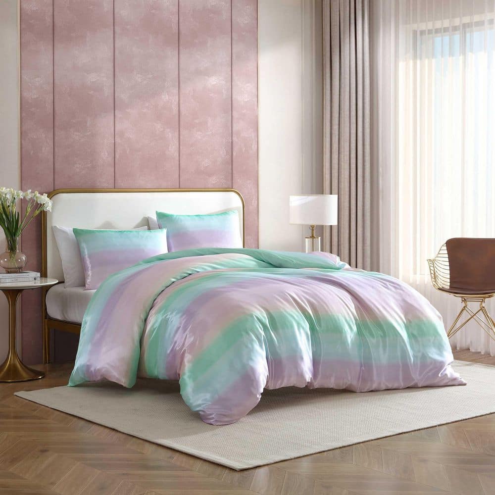 Pastel Ombre Purple and Green Satin King Bedspread Set