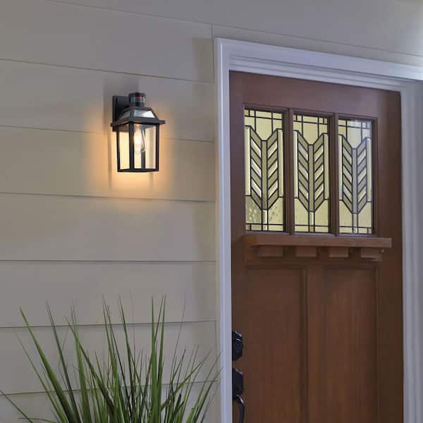 11.75 in. Matte Black Motion Sensing Dusk to Dawn Outdoor Hardwired Wall Lantern Sconce with No Bulbs Included