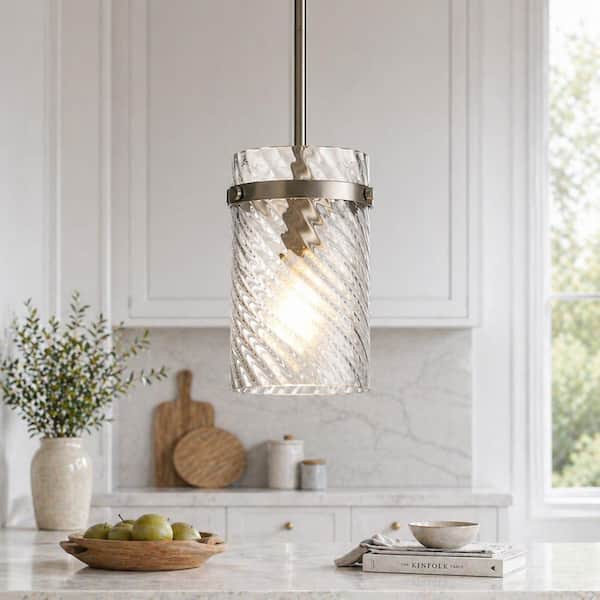 Modern Industrial 1-Light Pendant Light with Brushed Nickel Metal and Twisted Clear Glass Shade for Kitchen Island