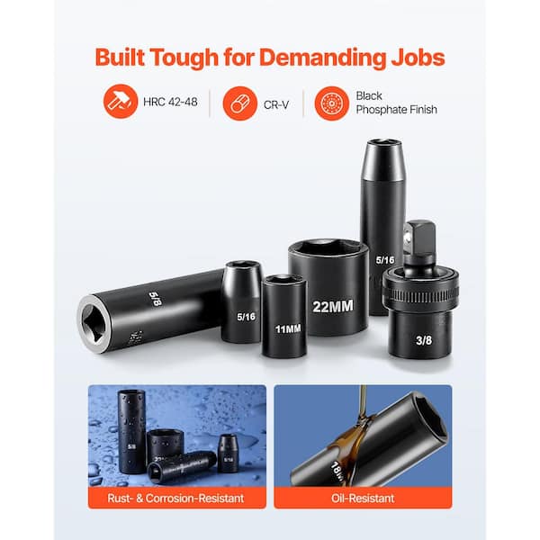 50-Piece 3/8 in. Drive Impact Socket Set, SAE (5/16 in. to 3/4 in. ) and Metric (8-22 mm), Cr-V Steel, with Extensions