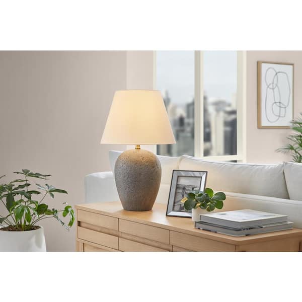 Rome 23.5 in. Natural Textural Artisan 1-Light Ceramic Table Lamp with White Fabric Bell Shade