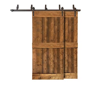 76 in. x 84 in. Mid-Bar Bypass Walnut Stained Solid Pine Wood Interior Double Sliding Barn Door with Hardware Kit