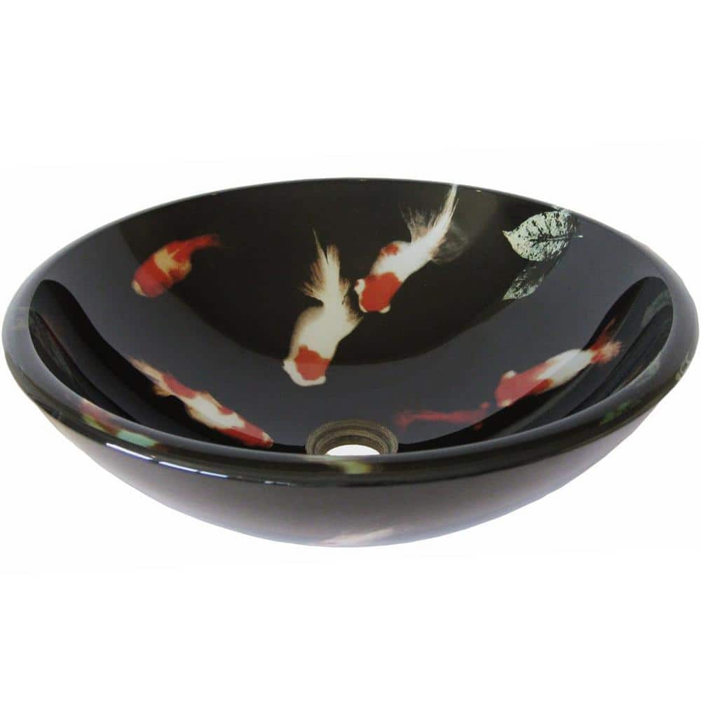 19'' Black and Orange Glass Vessel Sink with Koi Design