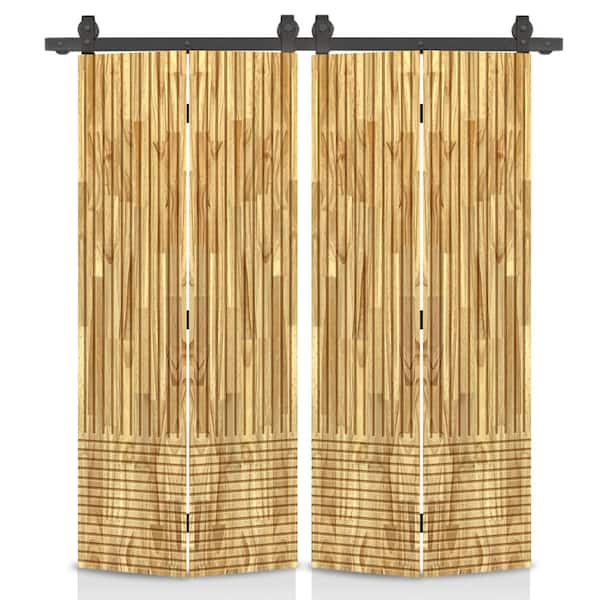 Japanese Series 52 in. x 80 in. Hollow Core Weather Oak Pine Wood Double Bi-Fold Barn Door with Sliding Hardware Kit