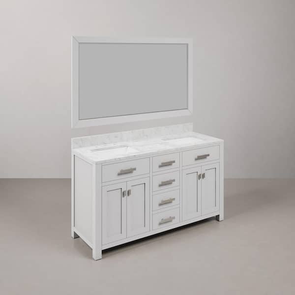 Madison 60 in. W x 21.5 in. D x 34 in. H Double Sink Bath Vanity in Pure White with Carrara White Marble Top and Mirror