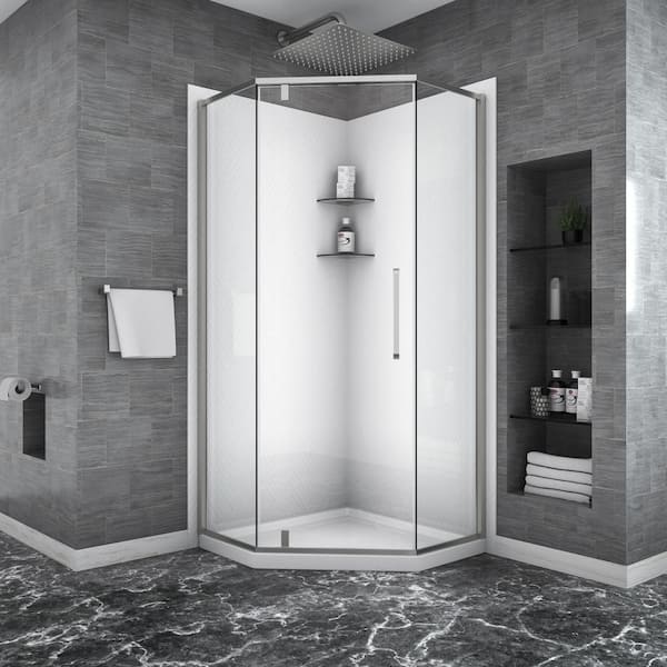 Magic Home 34 in. W x 72 in. H Fixed Neo-Angle Hinged Semi-Frameless Shower Door/Enclosure in Nickel