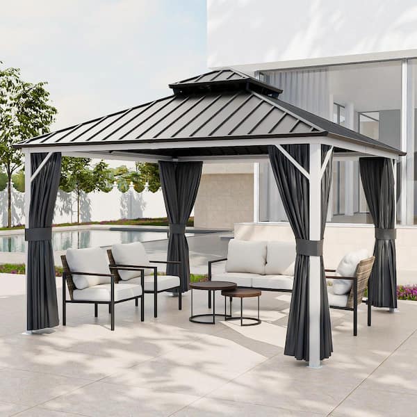 12 ft. x 12 ft. Galvanized Steel Double-Roof Hardtop Gazebo Aluminum w/ Privacy Sidewall Mosquito Net for Backyard