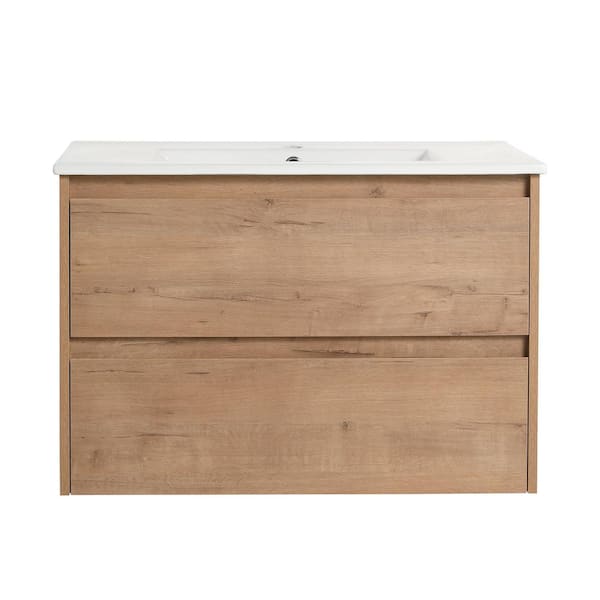 24 in. W x 18.3 in. D x 20.5 in. H Wall-Mounted Bath Vanity in Light Brown with White Ceramic Vanity Top