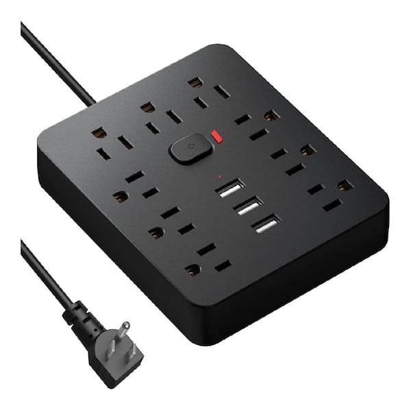 9-Outlet Power Strip Surge Protector with 5 ft. Extension Cord, Flat Plug, 3 USB Ports and Wall Mountable, Black