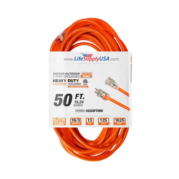 LifeSupplyUSA 50 ft. 16/3 SJTW 13 Amp 125-Volt 1625-Watt Orange Indoor/Outdoor Heavy-Duty with Lighted End Extension Cord