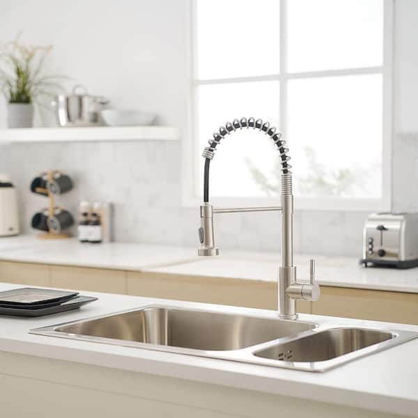 1.8 GPM Stainless Steel Single Handle Pull Down Sprayer Kitchen Faucet with Water Supply Hoses in Brushed Nickel