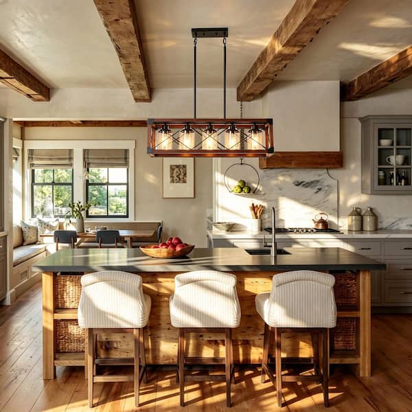 BAOURE 32 in. 5 lights Wood Rectangle Chandelier,Dining Room Light