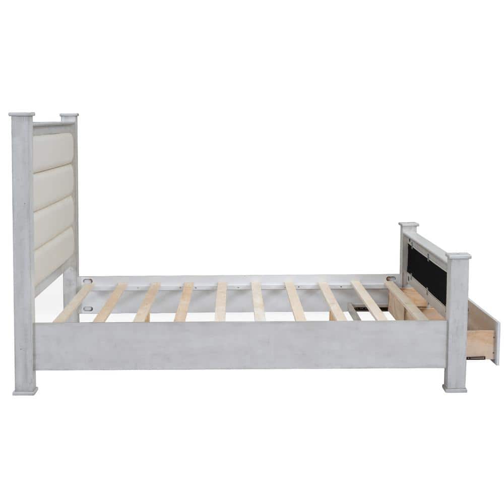 Antique White Queen Pine Wood Platform Bed with Upholstered Headboard and Storage Drawers