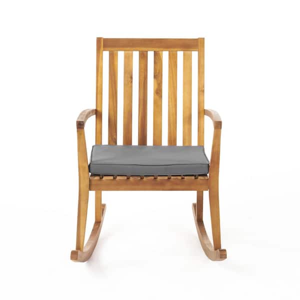 Brown Wood Outdoor Rocking Chair with Gray Cushion