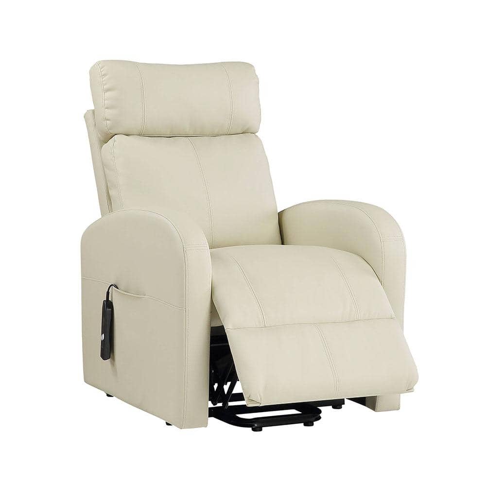 Beige 28'' PU Leather Swivel Recliner with Lift and Wood Accents