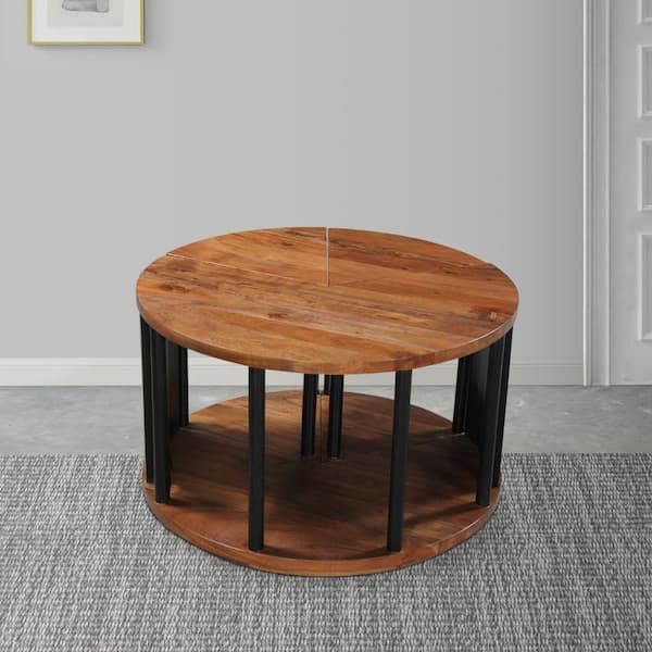 THE URBAN PORT 30 in. Natural Brown and Black Round Acacia Wood Handcrafted Coffee Table with 3-Piece Split Design