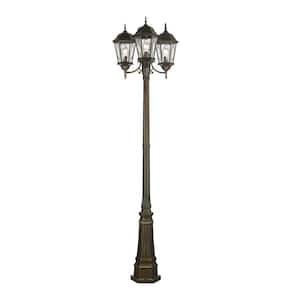 Villa Nueva 96 in. 3-Light Brown Outdoor Lamp Post Light Fixture Set with Stained Glass