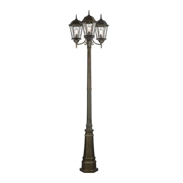 Bel Air Lighting Villa Nueva 96 in. 3-Light Brown Outdoor Lamp Post Light Fixture Set with Stained Glass