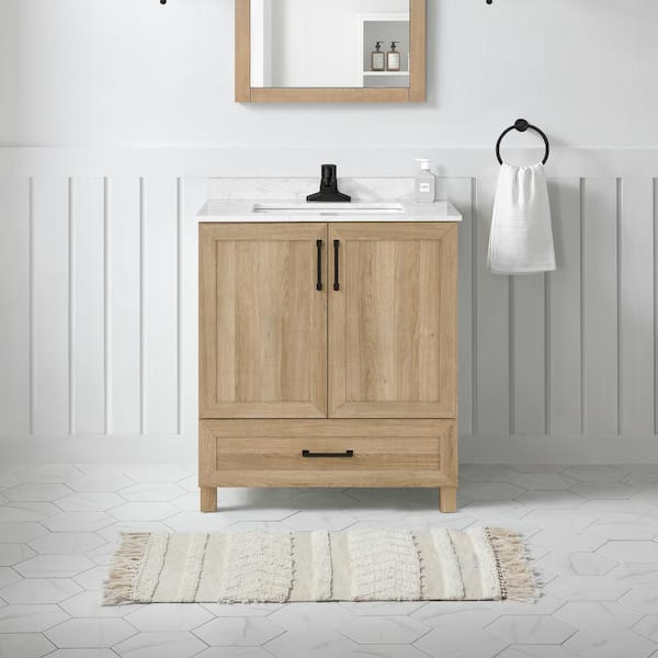 Glacier Bay Tobana 30 in. W x 19 in. D x 34 in. H Single Sink Bath Vanity in Weathered Tan with White Engineered Marble Top