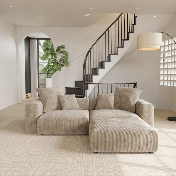 Unbranded 102.36 in. Square Arm Corduroy 3-Piece L Shape Living Room Sectional Sofa with Deep Seat and Ottoman in Brown