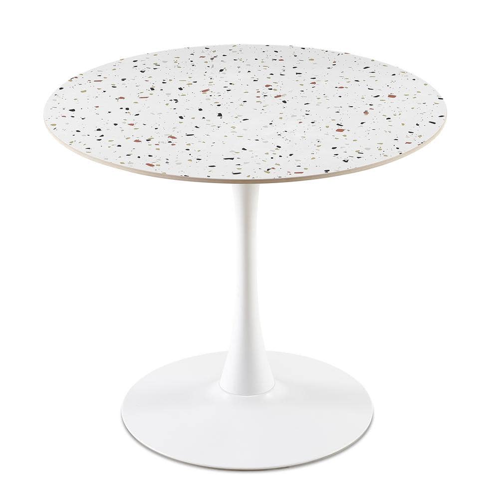 Mid-Century White Stone 35.43 in. Pedestal Round Dining Table Seats-4 for D