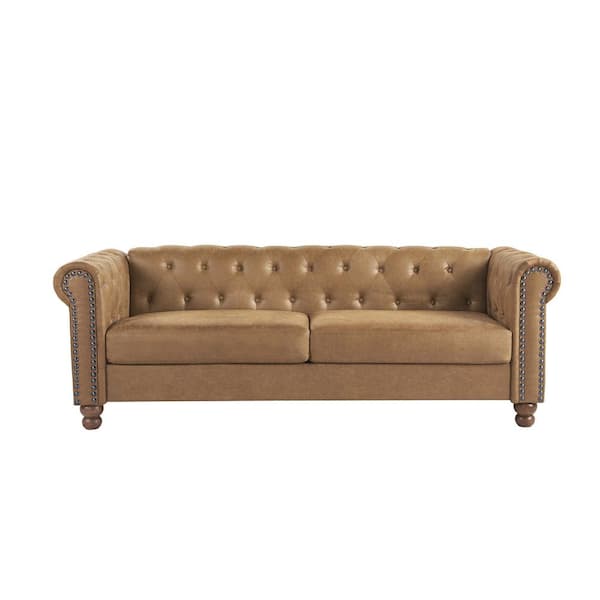 Z-joyee 80.7 in. Square Arm Velvet Chesterfield Straight 3-Seat Sofa with Nail Head in Pink