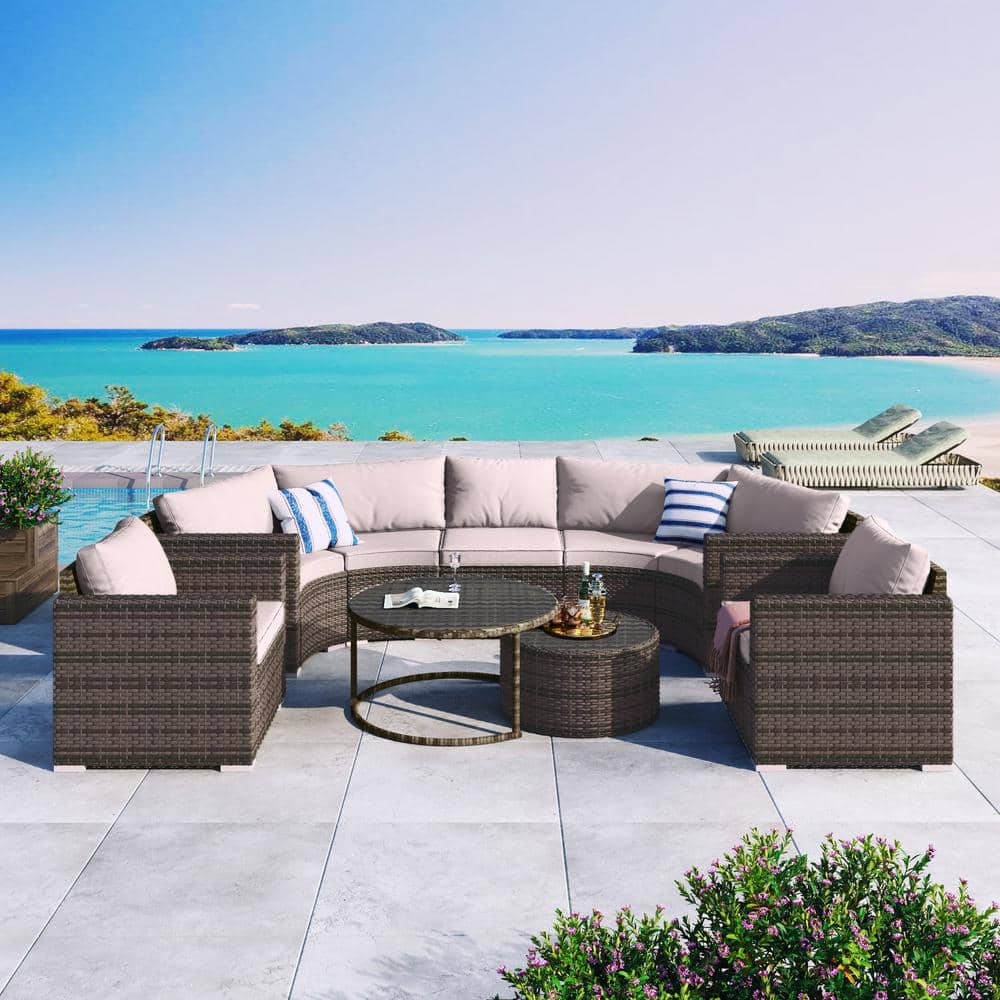 Brown 9-Piece Wicker Outdoor Half-Moon Sectional Set, Patio Round Conversat