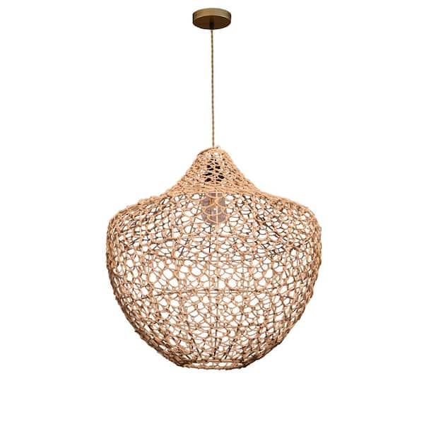 ELE Light & Decor Almira 1-Light 48-Watt Modern Farmhouse Pendant Light in Brass Handmade Rattan Shade Coastal Kitchen Light