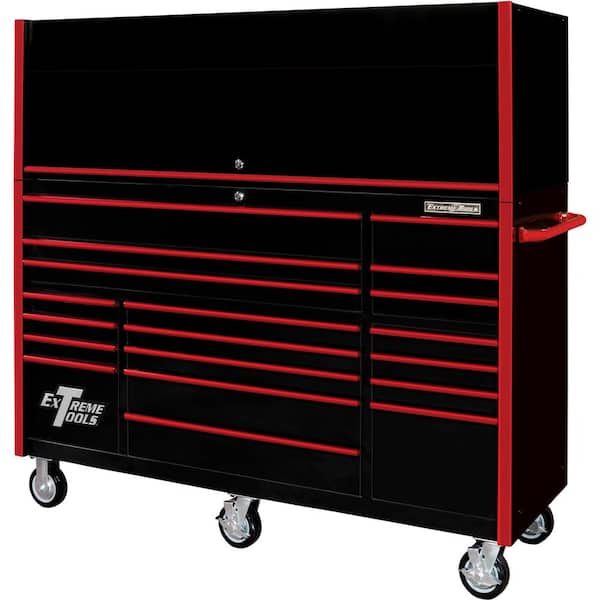 Extreme Tools RX Series Professional 72 in. W x 25 in. D Hutch and 19-Drawer Roller Cabinet Combo in Black with Red Drawer Pulls