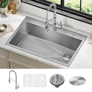 Loften 33 in. Drop-In Single Bowl 18 Gauge Stainless Steel Kitchen Sink with Pull Down Faucet in Chrome